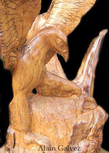 un aigle sculpté sur une racine (gros plan)